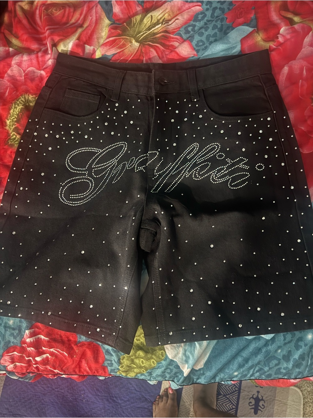 Goyardette Black Studded Jean Shorts